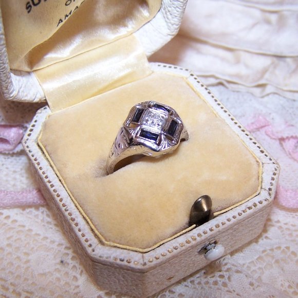 Art Deco 14K Gold Diamond Blue Sapphire Cocktail Ring - Size 4.25 - Picture 1 of 10